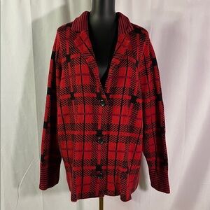 CJ Banks Red & Black Plaid Button Front Cardigan